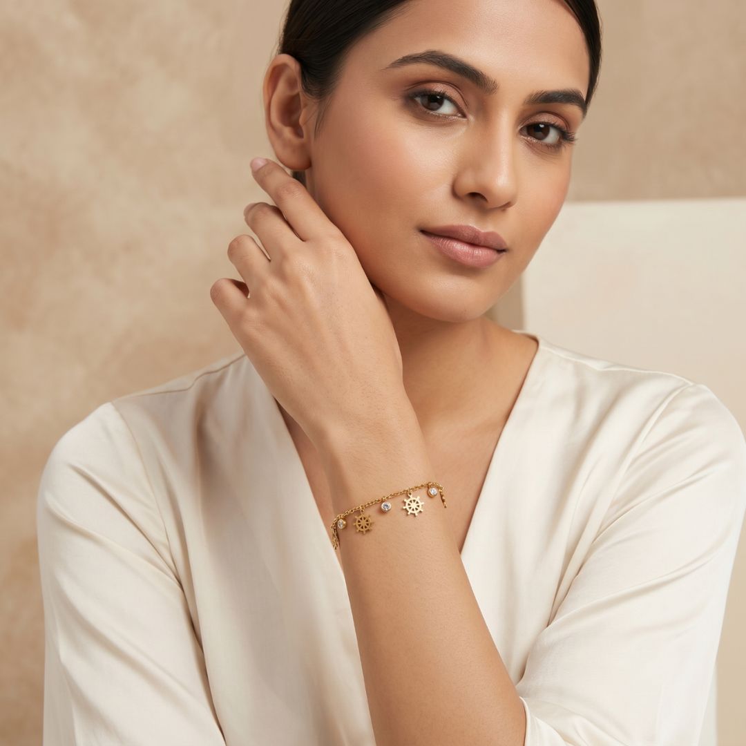 Gold Ship Wheel Charm Bracelet for Women | Crystal  Chain Bracelet