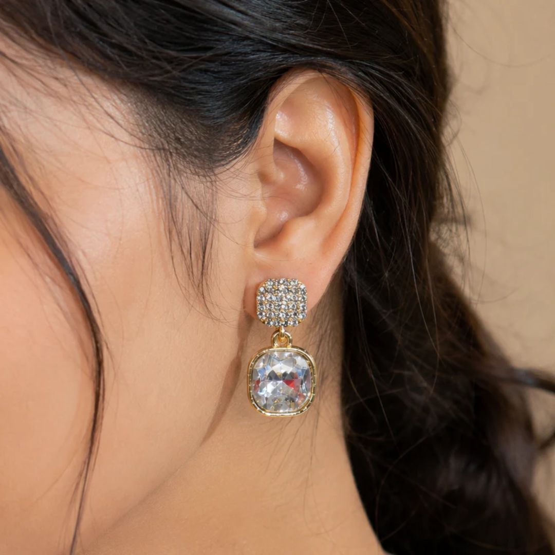 Gold Cushion-Cut Crystal Drop Earrings for Women | Sparkling Statement Earrings