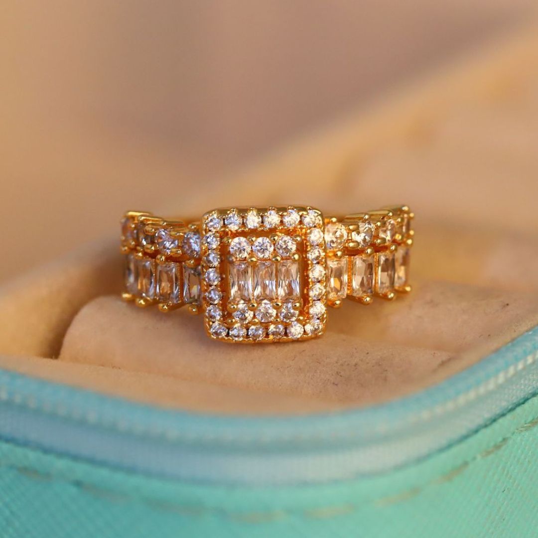 Adjustable Baguette & Halo Statement Ring for Women | Gold Plated CZ Ring