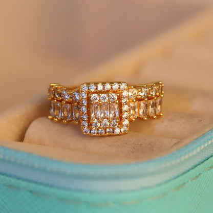 Adjustable Baguette & Halo Statement Ring for Women | Gold Plated CZ Ring