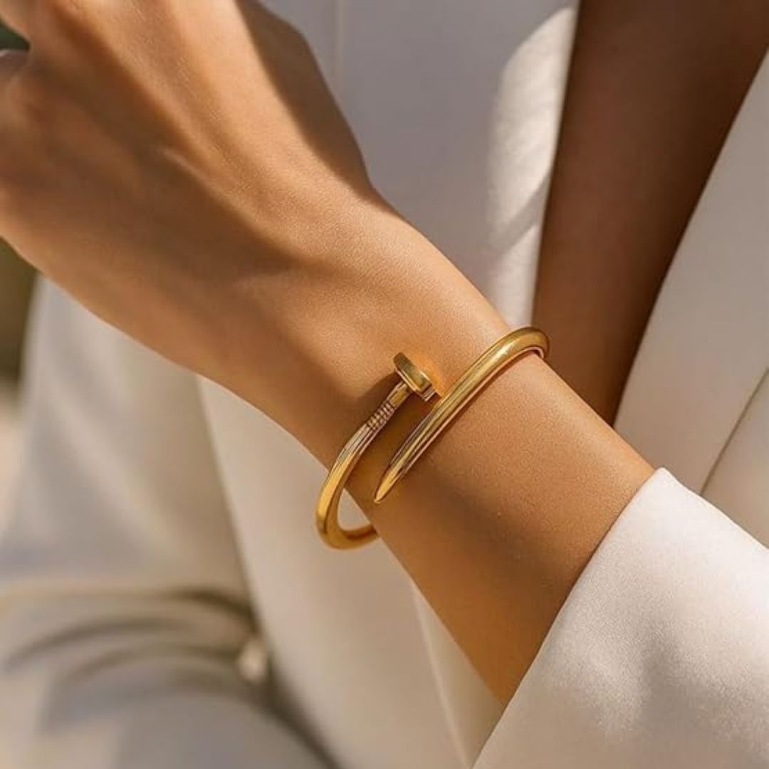 Gold Plated Nail Design Bracelet for Women | Anti Tarnish Stainless Steel Open Cuff Kada