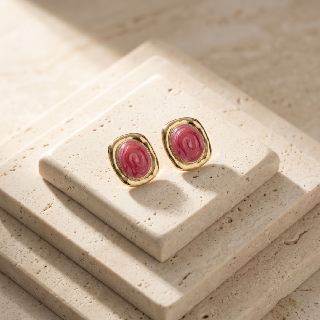 Pink Rose Enamel Stud Earrings for Women | Vintage Gold-Tone Floral Earrings