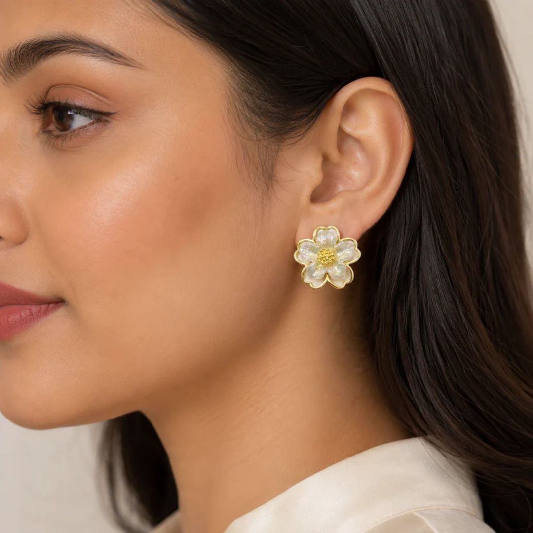 White Floral Pearl Enamel Stud Earrings for Women | Gold-Tone Flower Earrings