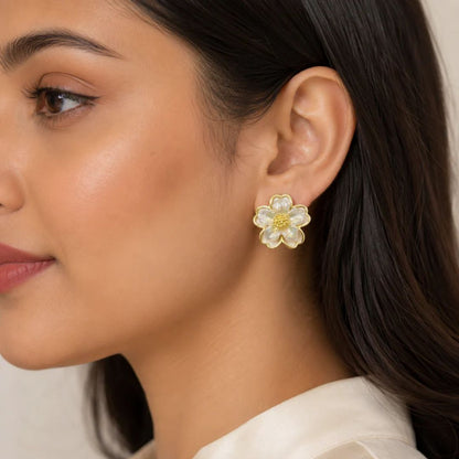 White Floral Pearl Enamel Stud Earrings for Women | Gold-Tone Flower Earrings