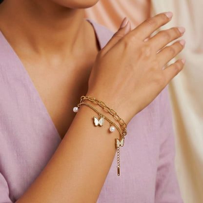 Pearl Butterfly Chain Bracelet for Women | Gold-Tone Layered Charm Bracelet