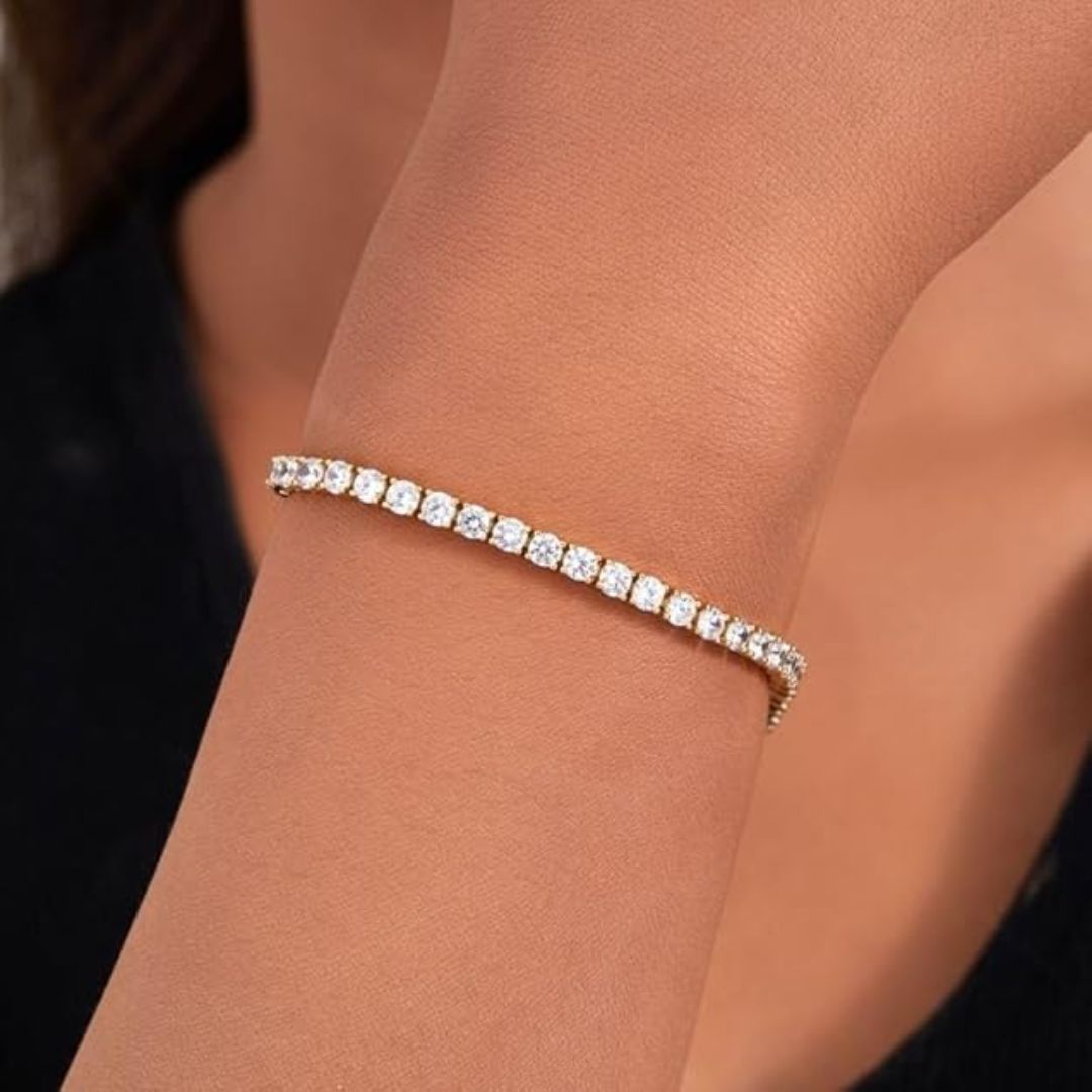 Anti Tarnish Gold Plated Tennis Bracelet for Women | Stainless Steel Fine Diamond Bracelet