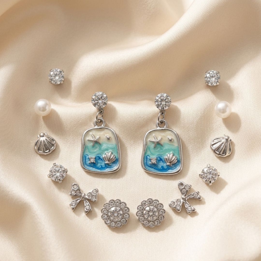 7 Pair Ocean-Inspired Earrings Set | Pearl, Crystal & Beach-Themed Stud Earrings