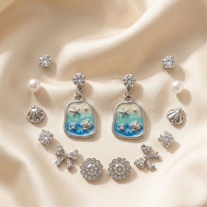 7 Pair Ocean-Inspired Earrings Set | Pearl, Crystal & Beach-Themed Stud Earrings