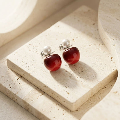 Cherry Pearl Drop Earrings | Minimal Red Bead Statement Earrings