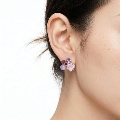 Purple Floral Crystal Stud Earrings | Geometric Rhinestone Flower Earrings