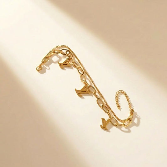 Gold Tone Double Layer Initial Charm Bracelet for Women | Chunky Chain Link Bracelet