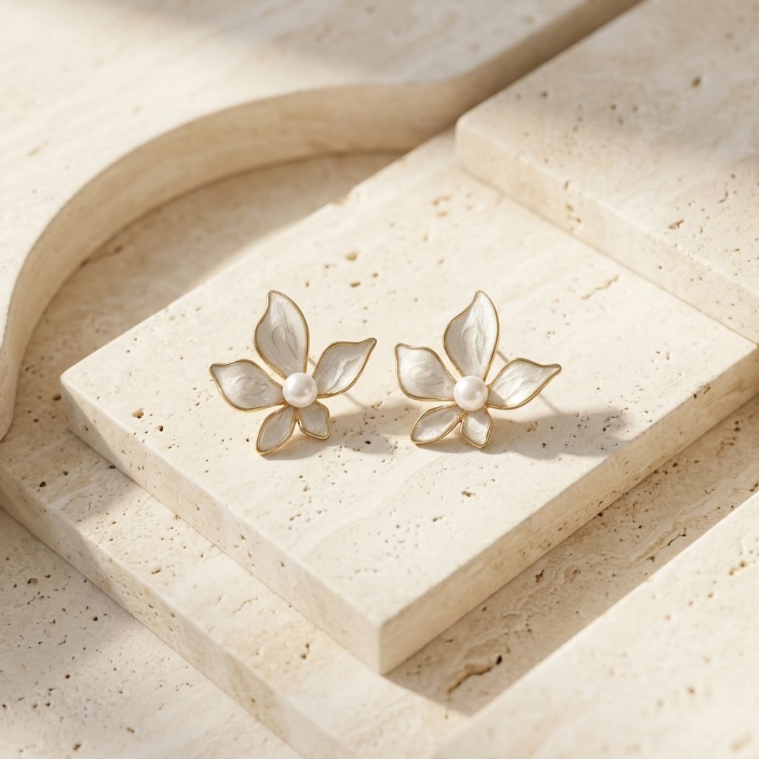 Pearl Blossom Enamel Floral Stud Earrings for Women | Elegant Gold-Tone Flower Earrings