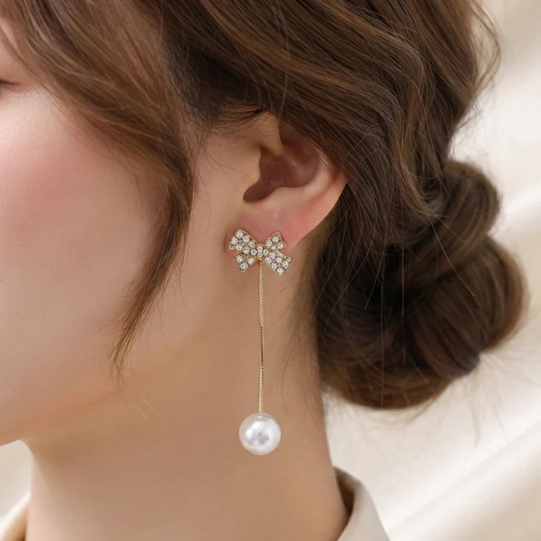 Gold Bow Pearl Tassel Drop Earrings