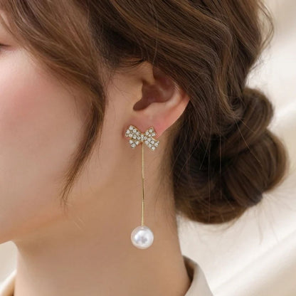 Gold Bow Pearl Tassel Drop Earrings