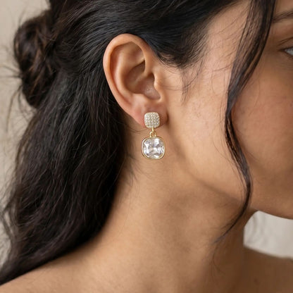 Gold Cushion-Cut Crystal Drop Earrings for Women | Sparkling Statement Earrings