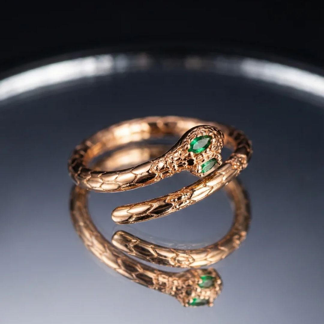Adjustable Snake Ring for Women | Rose Gold Plated Serpent Ring with Green Stone Eyes