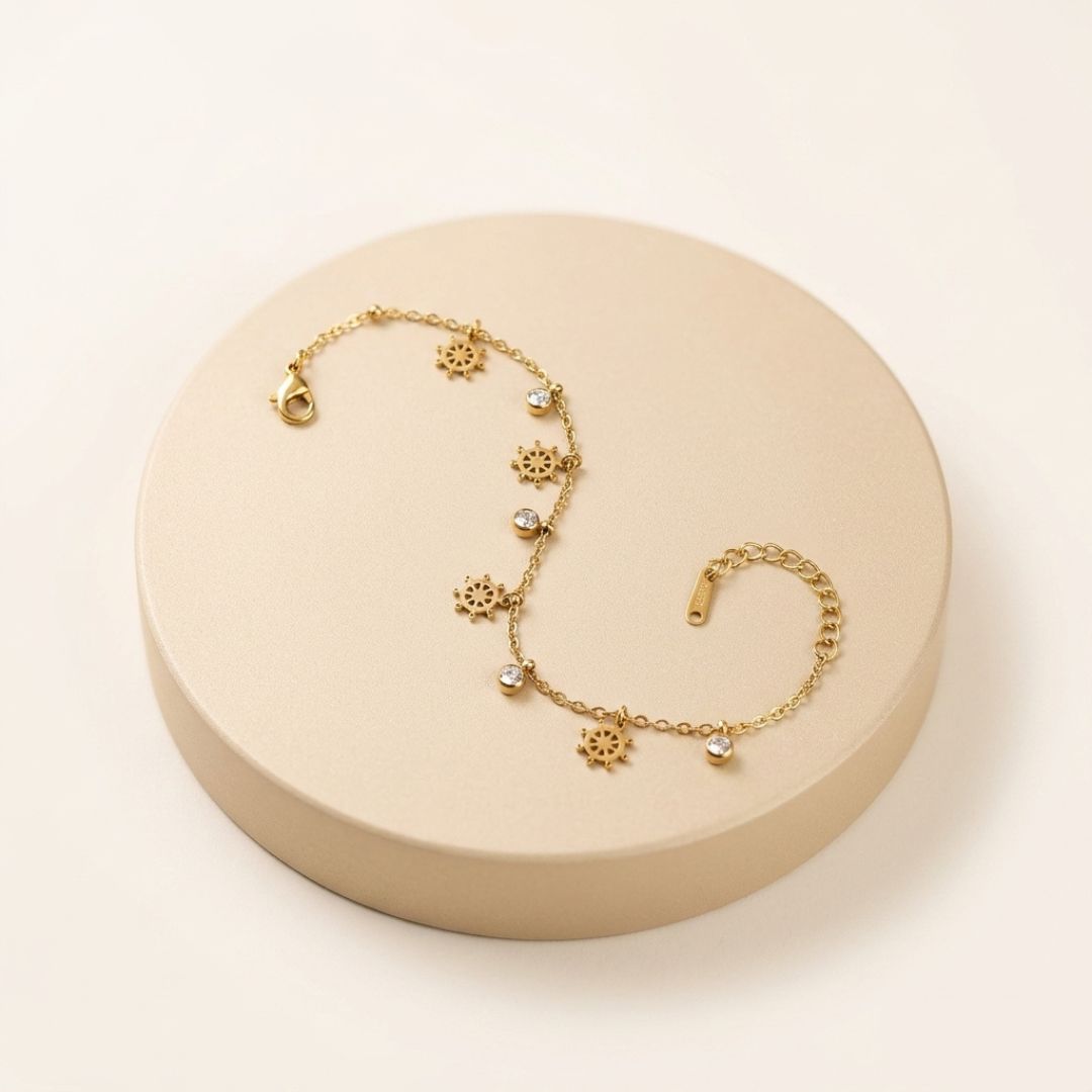 Gold Ship Wheel Charm Bracelet for Women | Crystal  Chain Bracelet