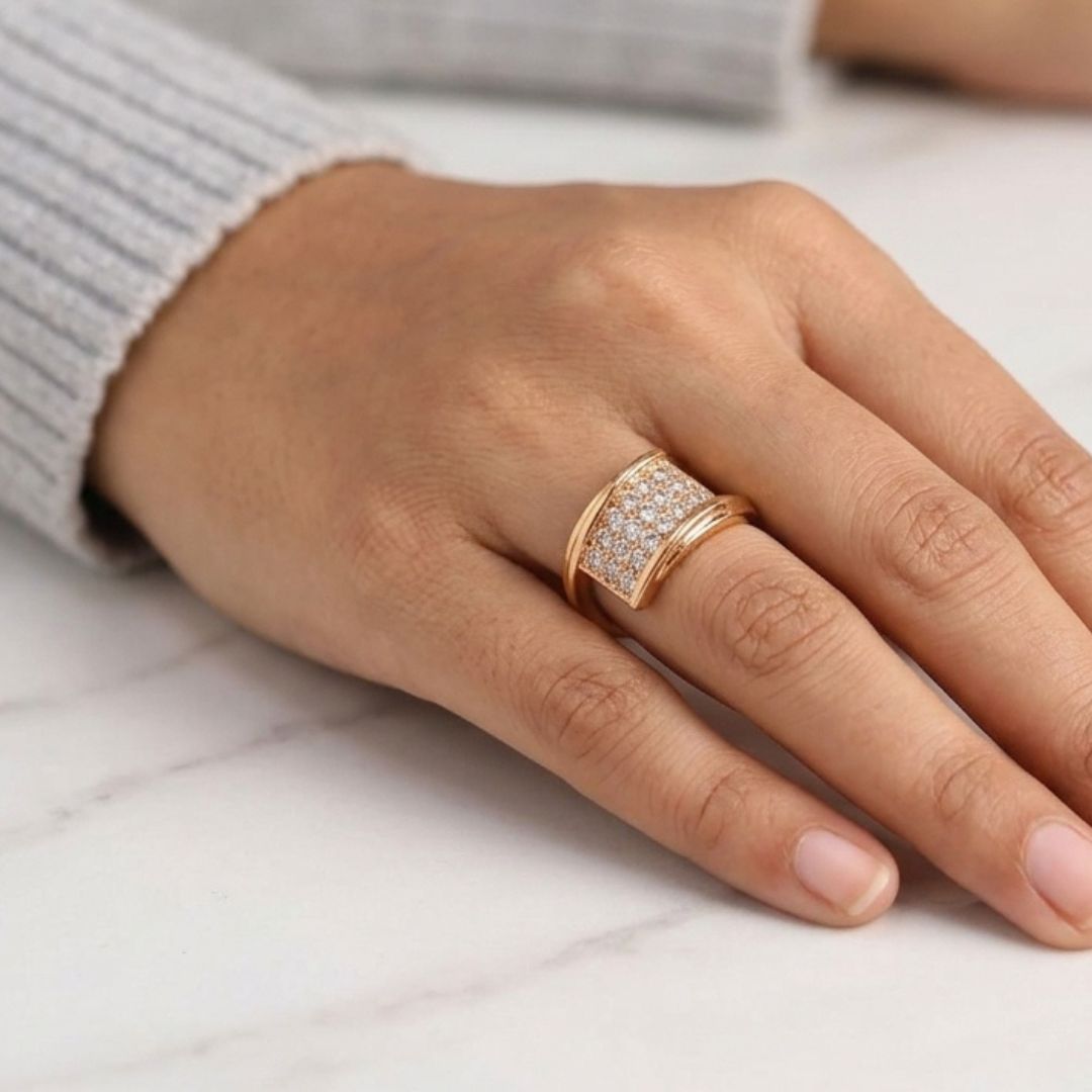 Adjustable Curved Pave Patch Ring for Women | Gold Plated CZ Band Ring