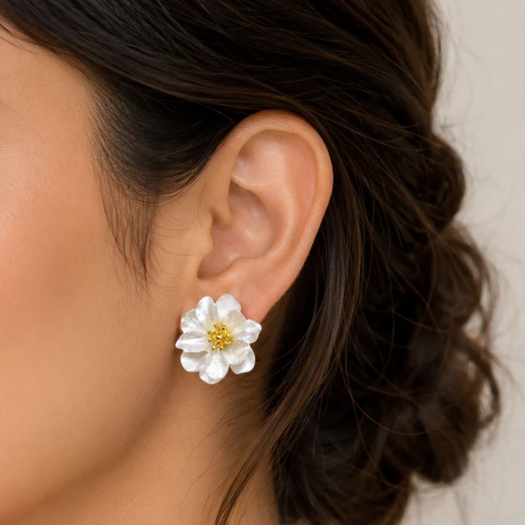 Pearl Flower Stud Earrings | Gold-Center Floral Earrings