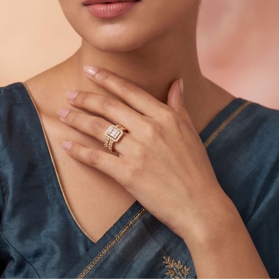 Adjustable Baguette & Halo Statement Ring for Women | Gold Plated CZ Ring