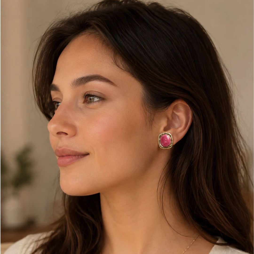 Pink Rose Enamel Stud Earrings for Women | Vintage Gold-Tone Floral Earrings