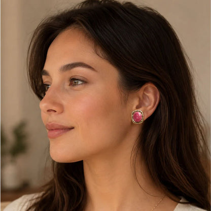 Pink Rose Enamel Stud Earrings for Women | Vintage Gold-Tone Floral Earrings