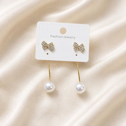 Gold Bow Pearl Tassel Drop Earrings