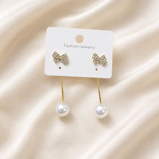 Gold Bow Pearl Tassel Drop Earrings