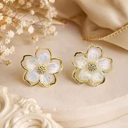 White Floral Pearl Enamel Stud Earrings for Women | Gold-Tone Flower Earrings