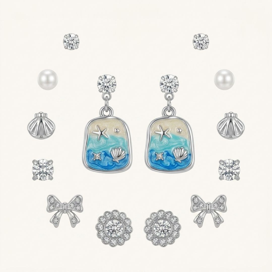 7 Pair Ocean-Inspired Earrings Set | Pearl, Crystal & Beach-Themed Stud Earrings