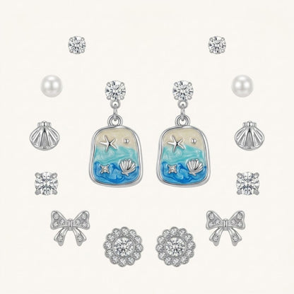 7 Pair Ocean-Inspired Earrings Set | Pearl, Crystal & Beach-Themed Stud Earrings