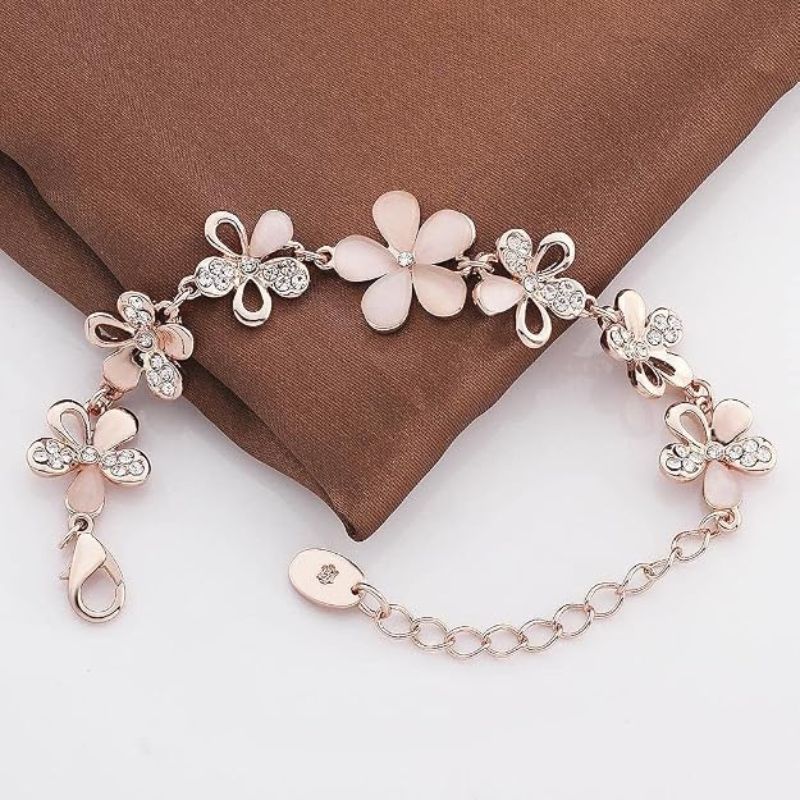 Dainty Rose Gold Pink Cat's Eye Floral Station Bracelet