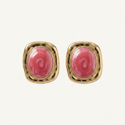 Pink Rose Enamel Stud Earrings for Women | Vintage Gold-Tone Floral Earrings