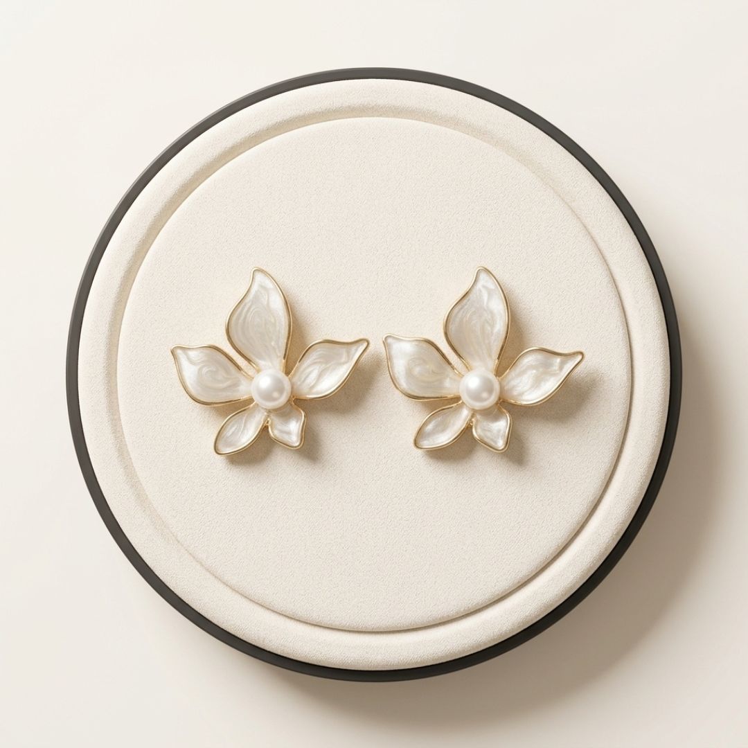 Pearl Blossom Enamel Floral Stud Earrings for Women | Elegant Gold-Tone Flower Earrings