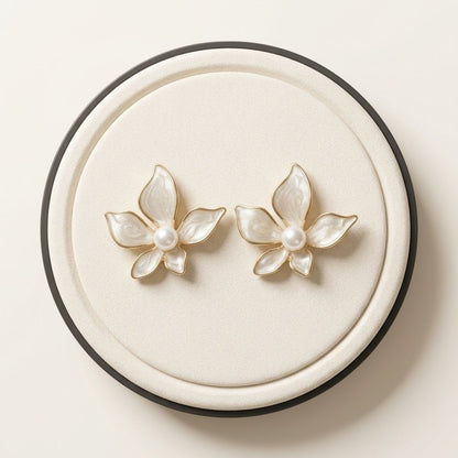 Pearl Blossom Enamel Floral Stud Earrings for Women | Elegant Gold-Tone Flower Earrings