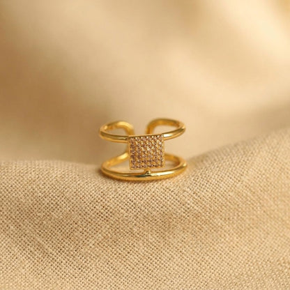 Adjustable Square Motif Double Band Ring for Women | Gold Plated CZ Ring | Geometric Open Ring