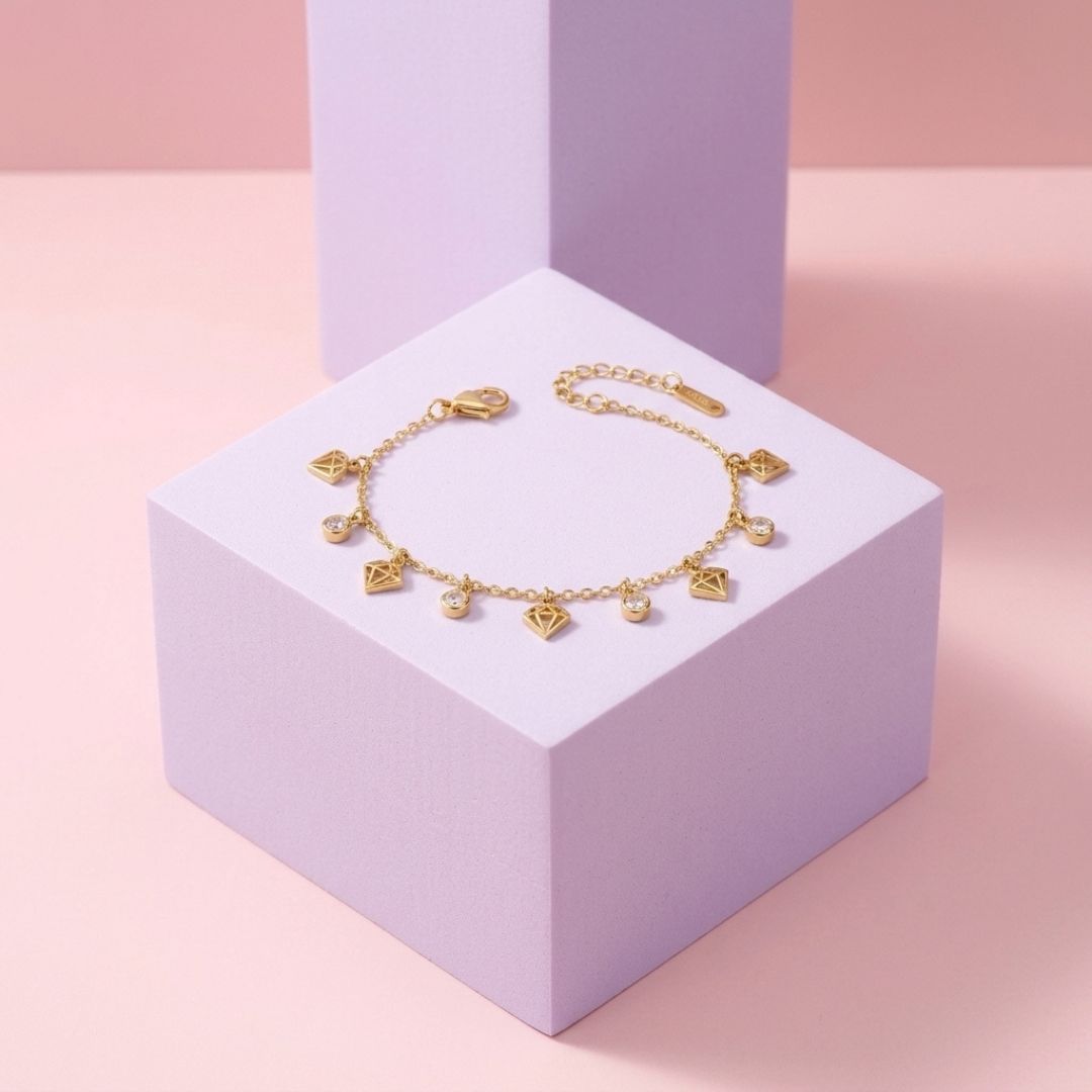 Diamond Charm Chain Bracelet for Women | Gold-Tone Crystal Link Bracelet | PRIONORI