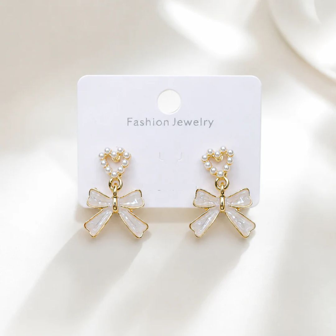 Heart Bow Drop Earrings | Elegant Gold-Tone Dangle Earrings