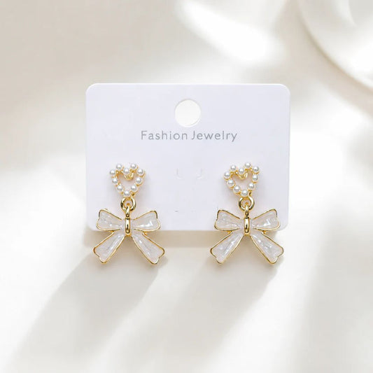 Heart Bow Drop Earrings | Elegant Gold-Tone Dangle Earrings