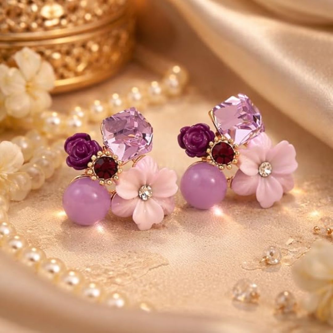 Purple Floral Crystal Stud Earrings | Geometric Rhinestone Flower Earrings