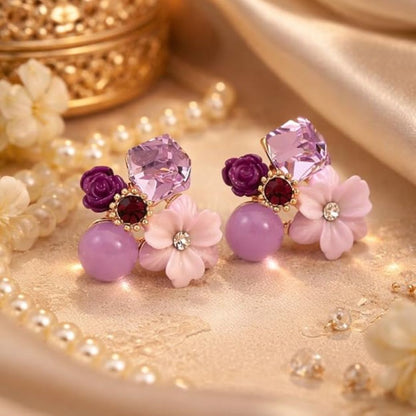 Purple Floral Crystal Stud Earrings | Geometric Rhinestone Flower Earrings