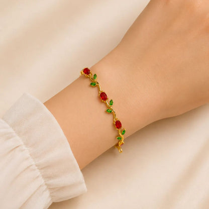Tulip Floral Bracelet | Red & Green Stone Stainless Steel