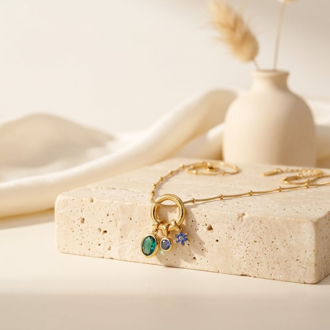Colorful Charm Pendant Necklace for Women | Gold Tone Circle Necklace with Crystal Charms