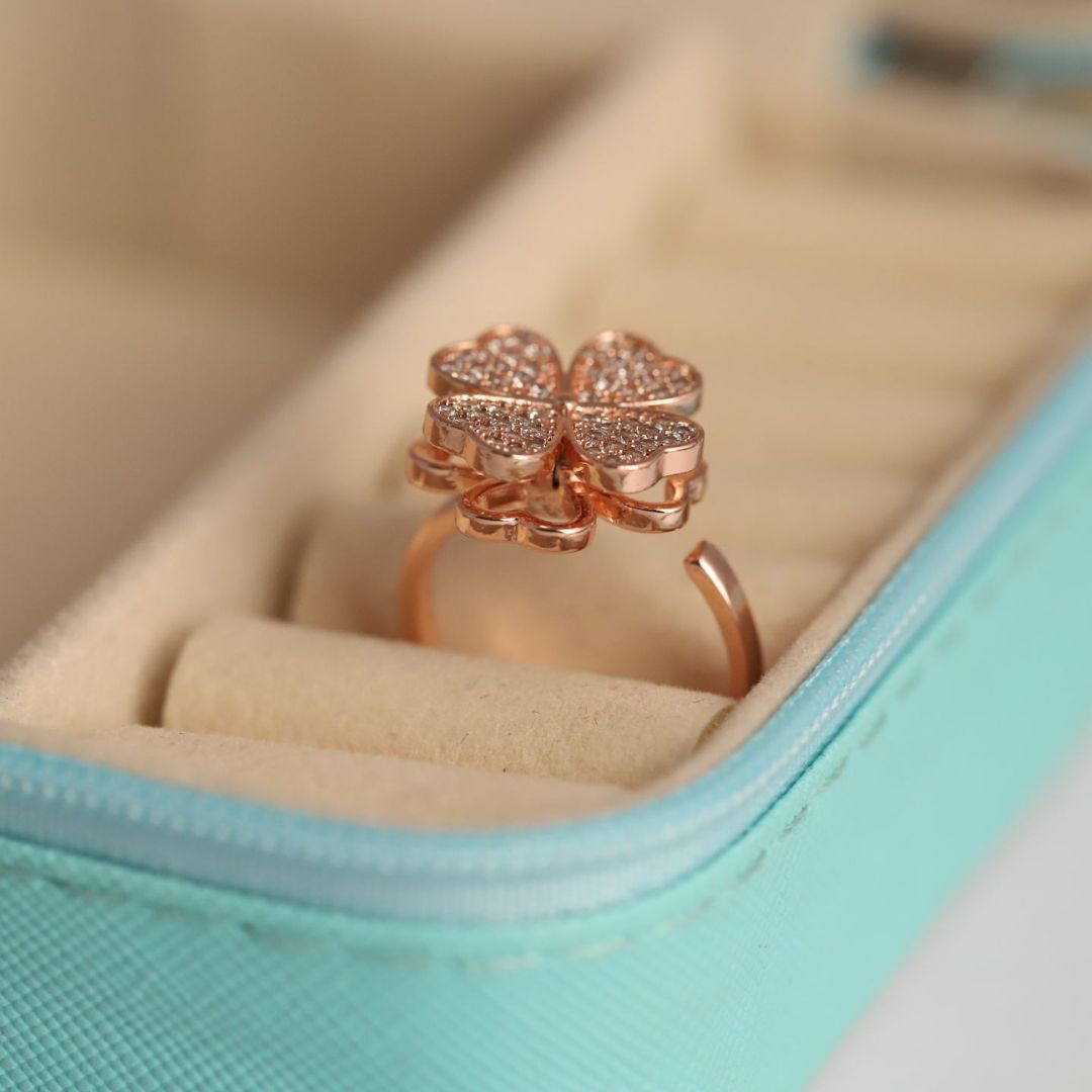 Adjustable Four Leaf Clover Ring for Women | Rose Gold Plated Ring with Sparkling CZ Stones