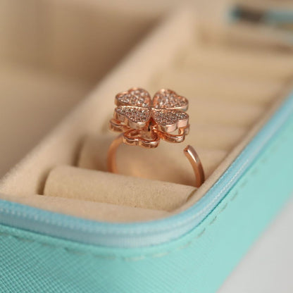 Adjustable Four Leaf Clover Ring for Women | Rose Gold Plated Ring with Sparkling CZ Stones