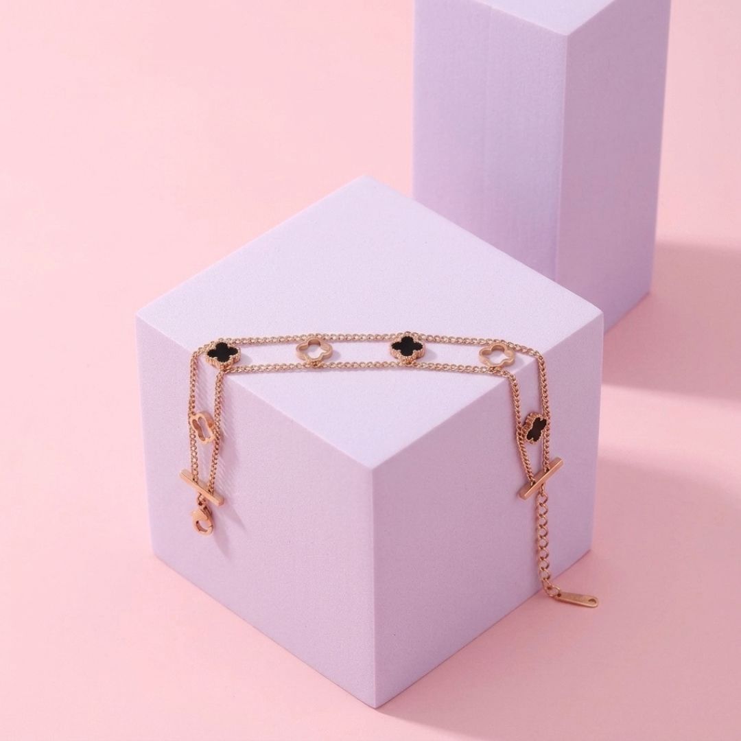 Clover Chain Bracelet for Women | Gold-Tone Double Layer Charm Bracelet