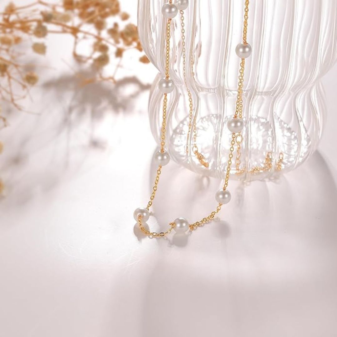 Pearl Station Necklace for Women | Gold Plated Chain with White Pearl Beads