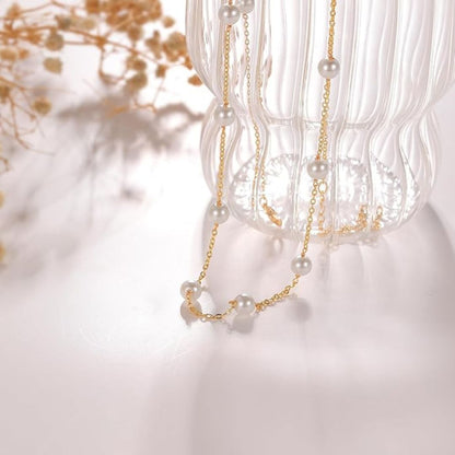 Pearl Station Necklace for Women | Gold Plated Chain with White Pearl Beads