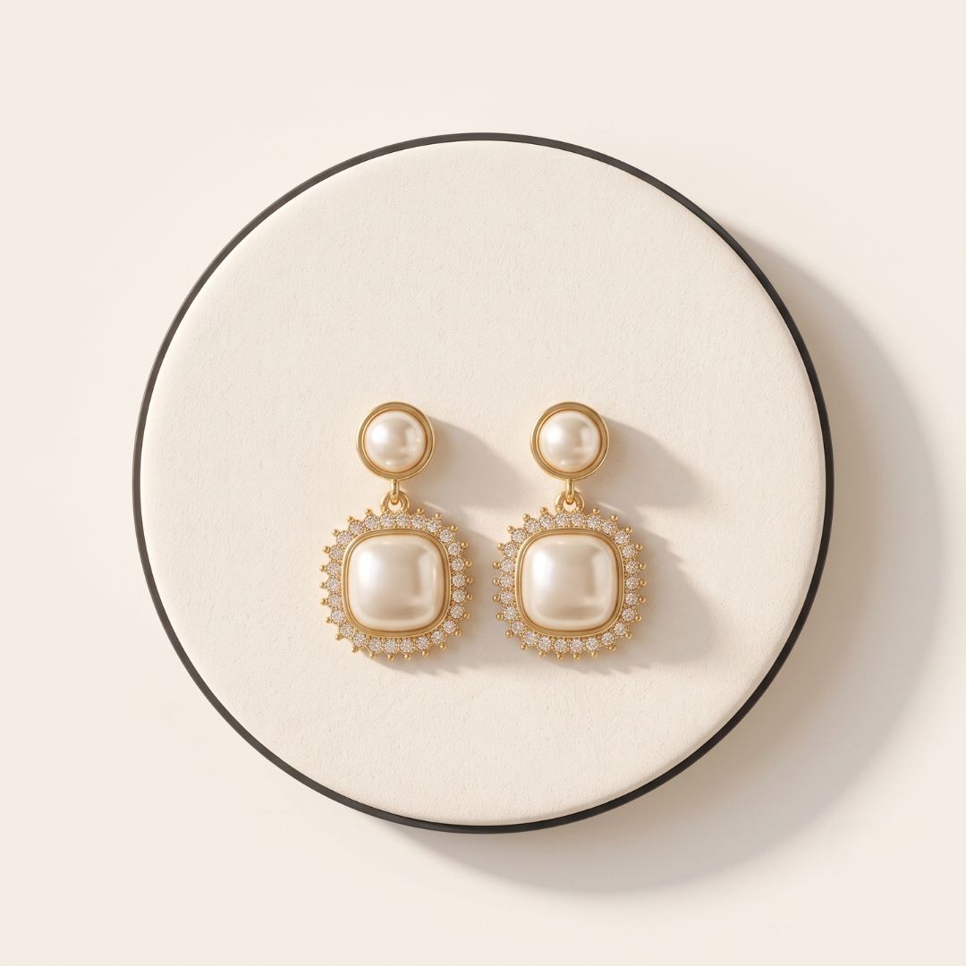 Vintage Pearl Halo Drop Earrings for Women | Gold Crystal Statement Earrings