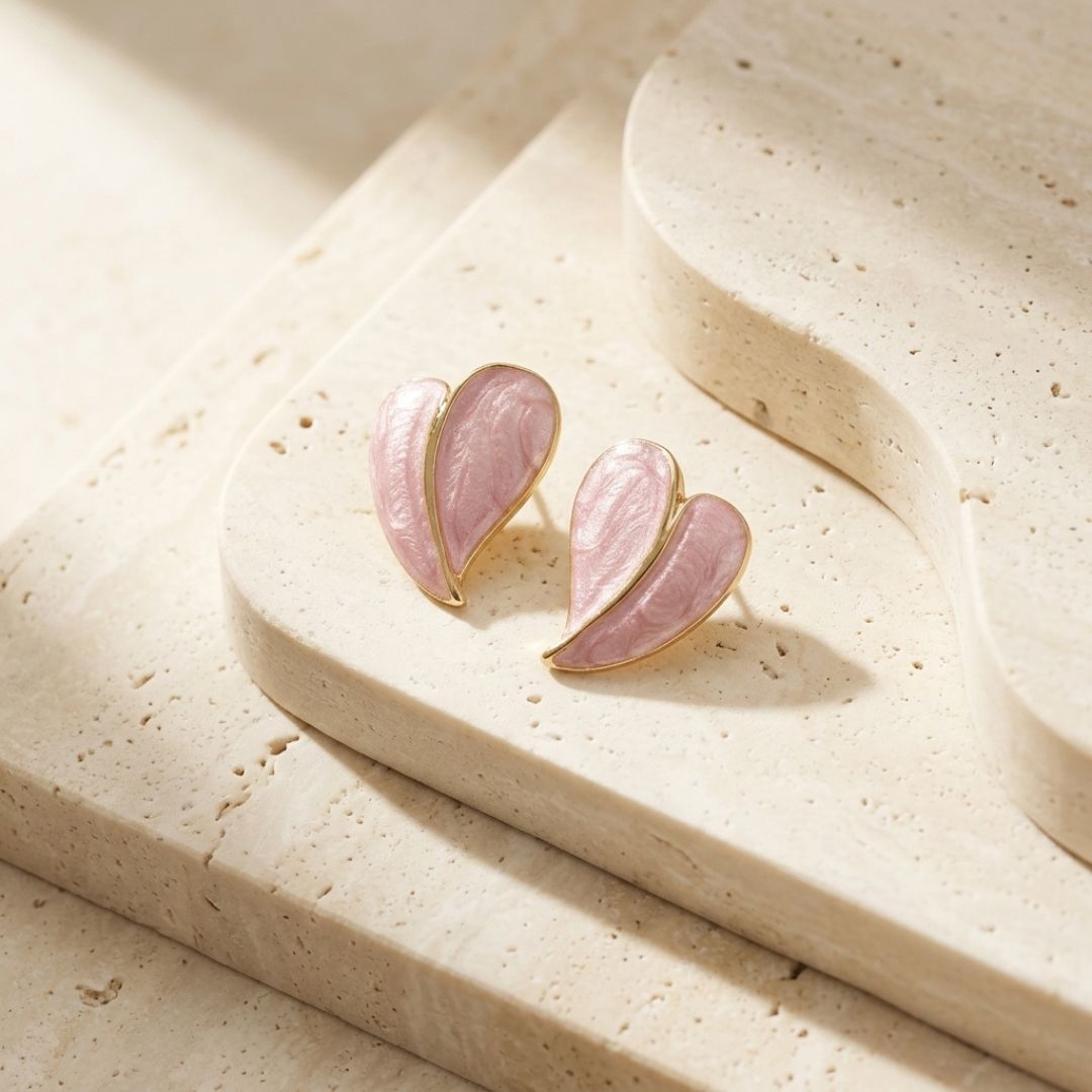 Blush Pink Enamel Leaf Stud Earrings | Minimal Gold-Tone Earrings